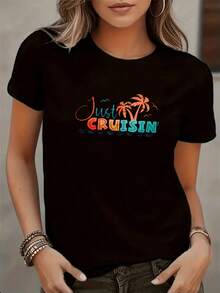 Pretty Blouses, White T-Shirt With Palm Tree Print 'Just Cruisin', Summer Holiday Clothes, 100% Cotton, Casual Blouses For Women - 黑色 - 查看 3