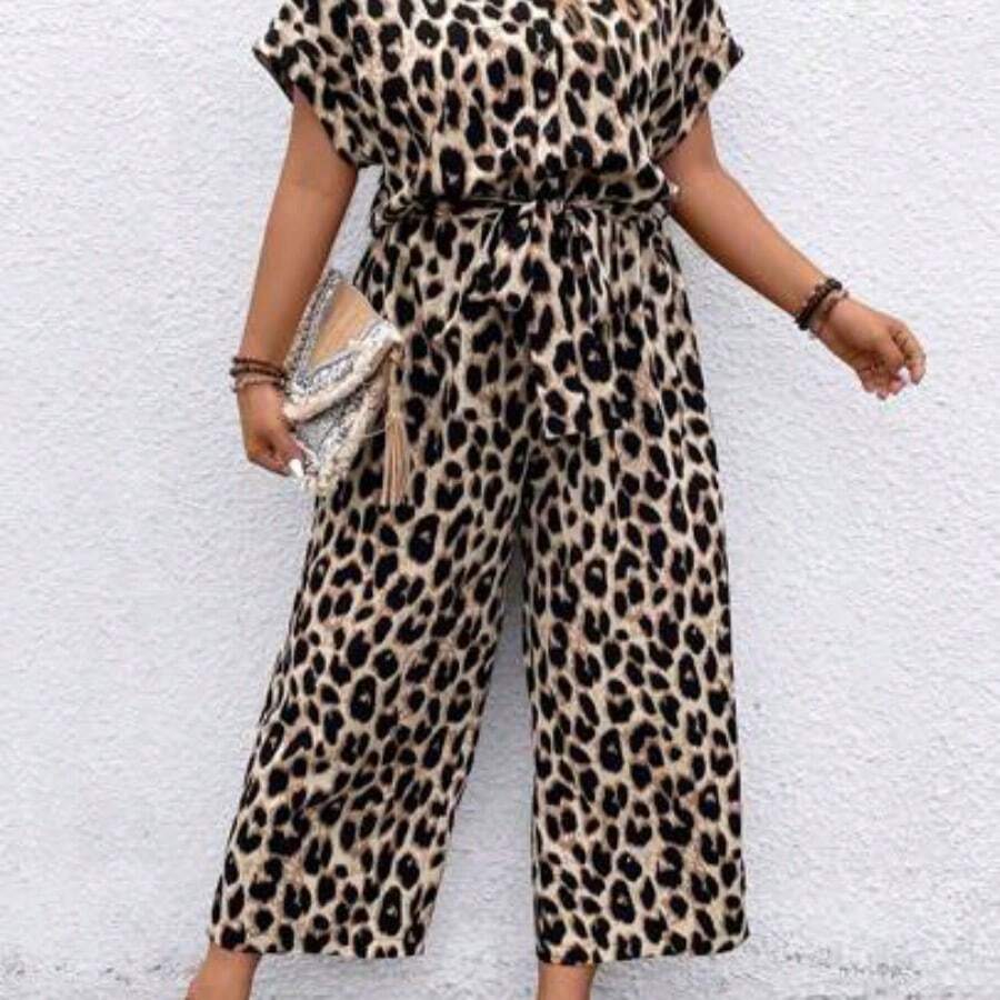 Plus Size Floral Print Button-Down Belted Short Sleeve Jumpsuit, Summer - Café integral - Ver 1