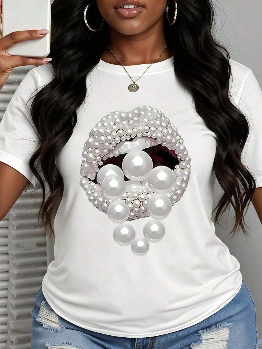 1 Piece Women's Plus Size Short Sleeve T-Shirt For Valentine's Day, Pearl Lip Print, Casual Party Outfit And Daily Wear, 180g 100% Cotton. - 白色 - 查看 1