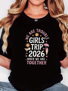 Camiseta de mujer con estampado "Girls Trip 2026", estilo divertido para amigas, adecuada para viajes de amigas, fiestas de cumpleaños y otras ocasiones, camiseta negra de manga corta con cuello redondo y estampado - lavable a máquina, adecuada para primavera, verano y otoño, estilo casual, ajuste cómodo, diseño moderno, versátil para uso diario, tela suave, estilo a la moda. - Negro - Ver 6