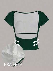 Camiseta corta con escote en la espalda, acolchada y ceñida, ideal para el verano - Verde Oscuro - Ver 4
