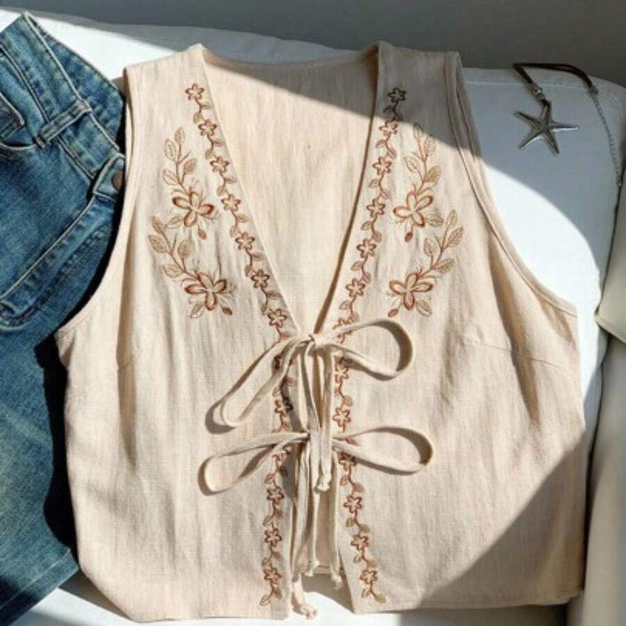 Women's Summer Boho Floral Embroidery Front Tie Sleeveless Blouse, Western Wear Women, Vacation Woman - Albaricoque - Ver 1