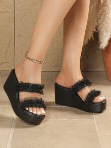 Giày bít mũi đế dày cho nữ, dép lê đế xuồng cao gót màu đen kiểu dáng mới mùa xuân/hè, sandal buộc dây mũi tròn, giày cỡ lớn đa năng cho nữ, giày dự tiệc thời trang. - màu đen - Xem 6