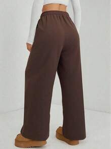 Pantalón de chándal de pierna recta con detalle de guijarro para mujer, mezcla de algodón cómoda - Café integral - Ver 2