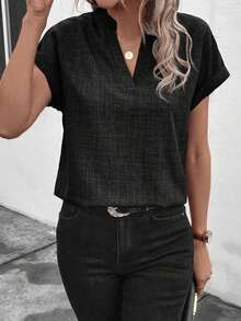 Camisa casual de mujer de manga corta con cuello entallado de unicolor, para verano - Negro - Ver 6