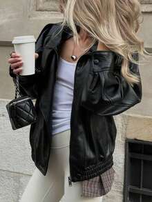 Chaqueta de cuero de textura de lichí versátil y minimalista de estilo europeo y americano para mujer, de alta gama, para el otoño/invierno - Negro 2 - Ver 11