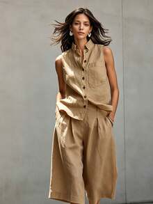 New 2026 Two Piece European Style Set Sleeveless Vest Cotton Linen - Khaki - View 1