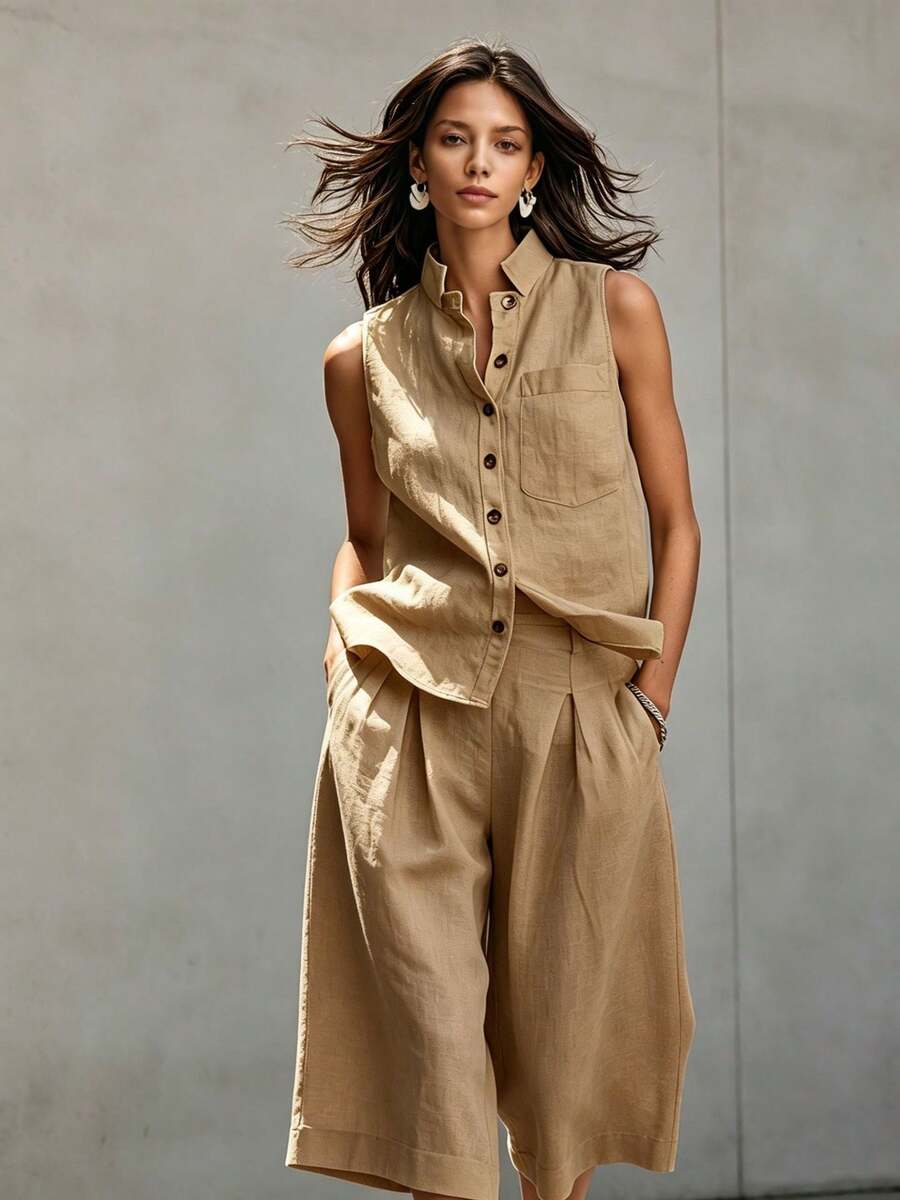 New 2026 Two Piece European Style Set Sleeveless Vest Cotton Linen - Khaki - View 1