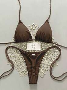 2 piezas Conjunto de traje de baño para mujer, Bikini verde menta con decoración de cuerda hecha a mano - Café integral - Ver 7