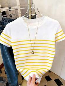 Camiseta de mujer de manga corta con cuello redondo y bloques de color a rayas - Multicolor 5 - Ver 3