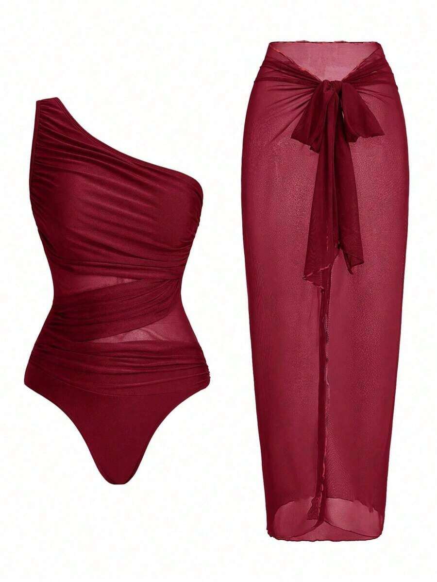Swim Oasis Traje de baño de una pieza con panel de malla fruncida de unicolor y falda pareo - Burdeos - Ver 1