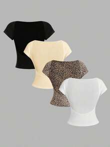 4 piezas Camisetas de mujer de cuello redondo, ajustadas, con espalda descubierta y diseño minimalista de patrones, adecuadas para el verano - Multicolor - Ver 12