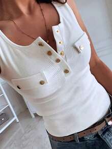 Chaleco ajustado casual de mujer con botones de metal texturizados - Blanco - Ver 4