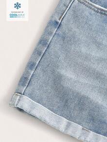 Shorts vaqueros de tiro alto con lunares enrollados de verano - Azul 3 - Ver 4