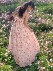 Vestido de mujer con estampado floral y cuello halter con lazo, de moda para citas y fiestas - Rosa Pálido - Ver 2