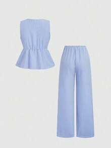 Sweetro Set de 2 piezas: Pantalones rectos con cordones y rayas, estilo callejero para mujer, verano - Azul 3 - Ver 3