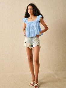 Blusa informal de mujer con volantes en el borde de unicolor - Celeste - Ver 5