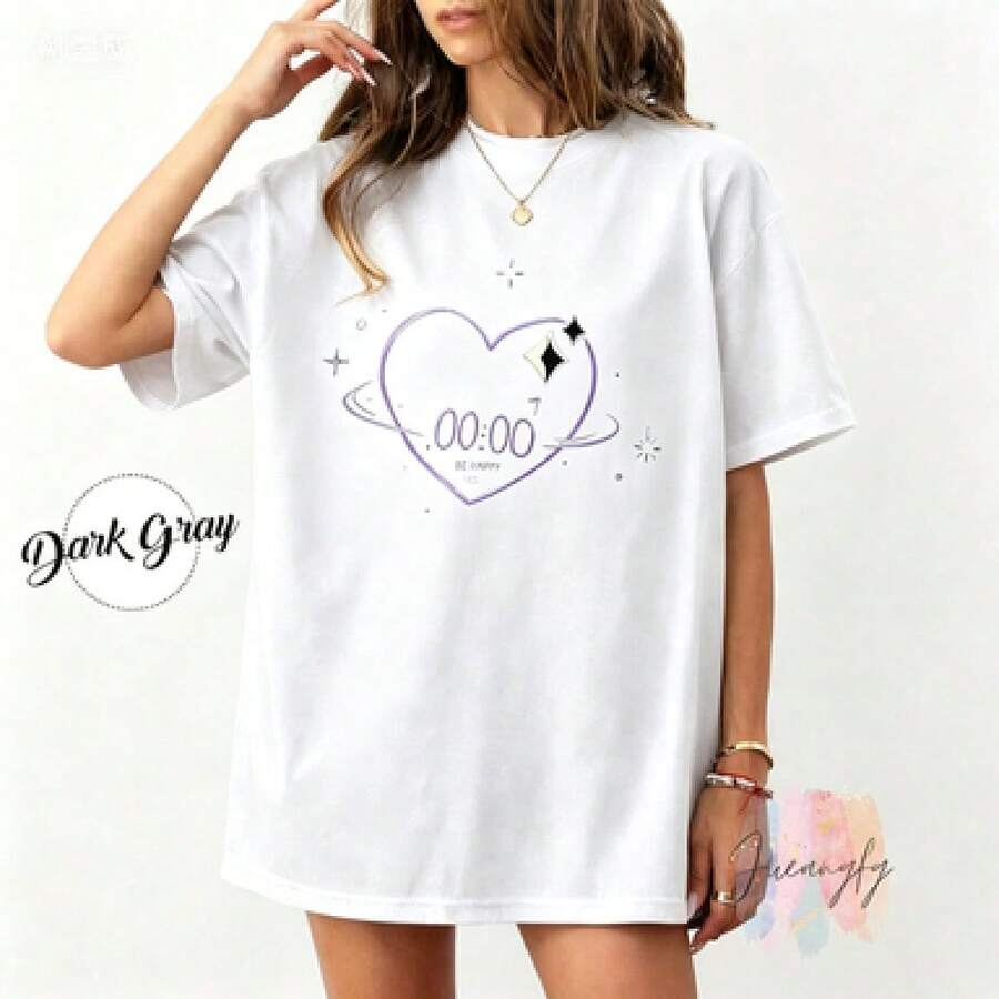 Unisex T-Shirt With "00:00" Heart Print, 100% Cotton, Round Neck, Short Sleeves, Minimalist And Aesthetic Design, Casual And Youthful Style, Ideal For Daily Use, University, Summer And Streetwear, Soft And Breathable, Sweet And Stylish Look - 白色 - 查看 1