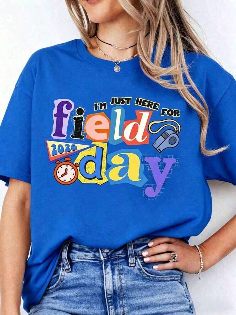 20261pscTeacher T-Shirts Women's, Simply Here For Field Day Print, Schools Field Day Tee, Teacher Crew Neck Short Sleeve Shirt, 100% Cotton Oversized Casual Graphic Top, Spring Summer, Holiday Fun Gift, Free Shipping Soft Cotton Women's Graphic Round Neck Short Sleeve Casual Tee, Easter Mother's Day Gift T-Shirt - 藍色 - 查看 1