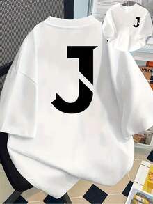 Women's Loose-Fitting T-Shirt With Abstract Graphic Letter J Print - White With Black Digital Print, Short Sleeve, Round Neck, Casual Top For Spring And Summer, Casual And Layering Outfit, Machine Washable, Comfortable For All Seasons, Layering Piece, Summer Outfit, Fashion, Soft Fabric, Breathable Material, Printed T-Shirt, For Women, Fashion Lovers, Y2k, T-Shirt, Shirt. - 黑色 - 查看 2