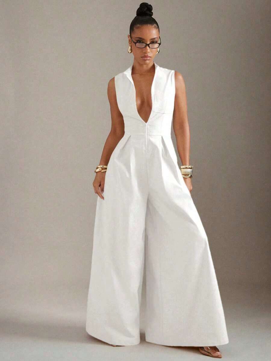 Mono sin mangas con cremallera frontal y piernas extra anchas - Blanco - Ver 1