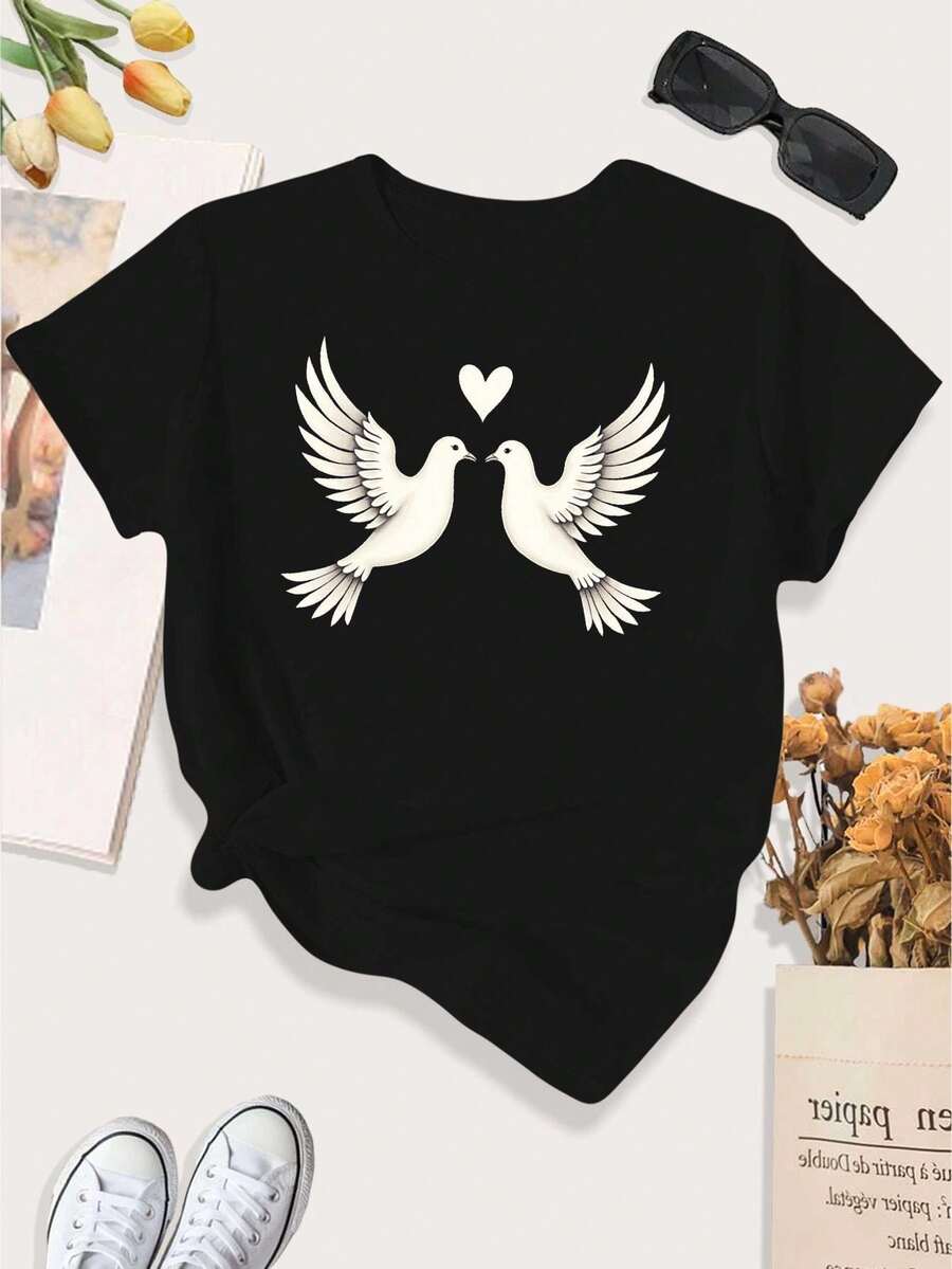 Camiseta casual de las mujeres, palomas con corazón, línea mínima, regalos de parejas, amor boda romance de San Valentín