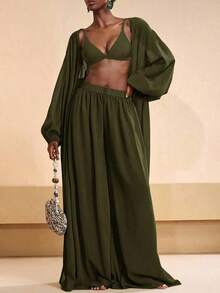 Conjunto de bata plisada de unicolor y pantalones de pierna ancha para mujer, conjunto informal de vestir para vacaciones - Verde militar - Ver 6