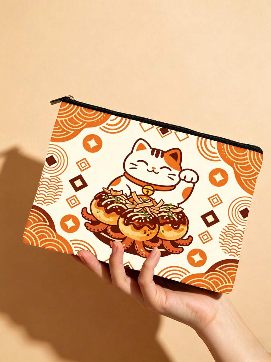 Bolsa de cosméticos con estampado de gato de la suerte Takoyaki, bolsa con cremallera con diseño de Maneki-Neko (gato de la suerte japonés) de comida callejera japonesa - Multicolor - Ver 1