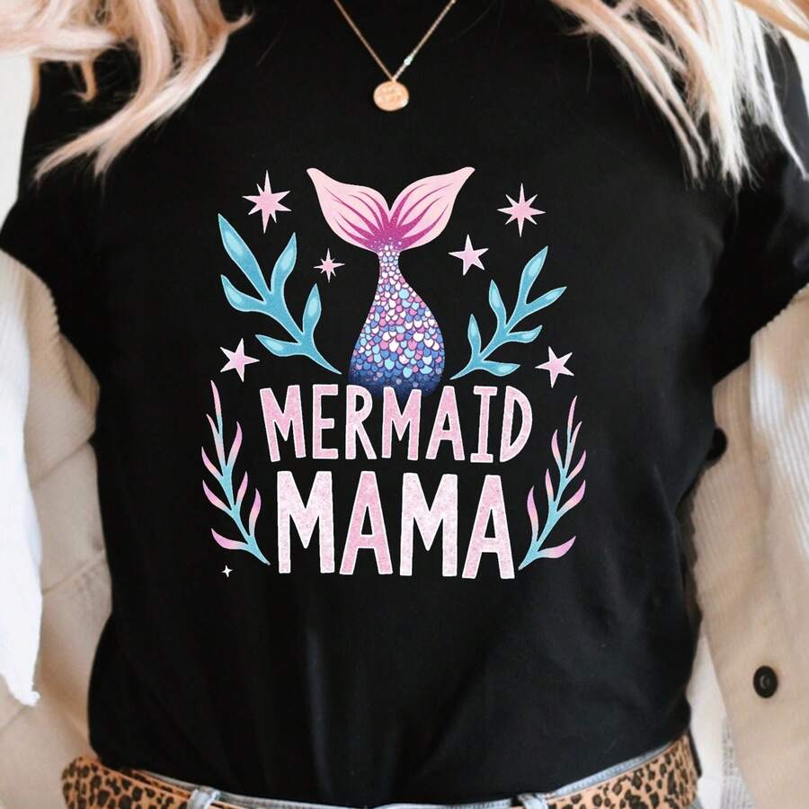 Graphic T-Shirt fclothes Women MERMAID MAMA - Round Neck Shclothest Sleeve clothes with Vibrant Mermaid Tail And Shell clothes, Elastic clotheshine Wa - Negro - Ver 1