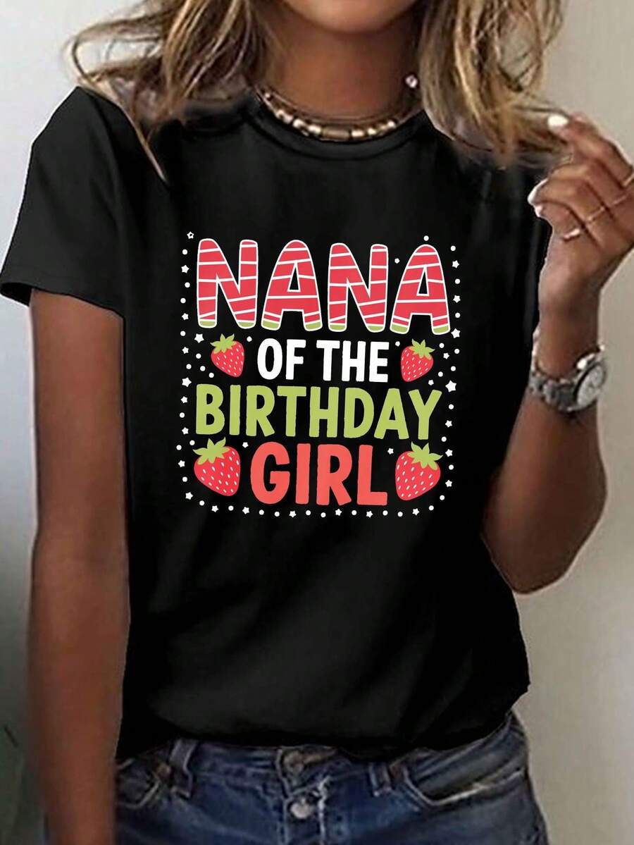 Premium T-Shirt With NANA Print For Girls' Birthday, Short Sleeves And Round Neck, Casual Style, Suitable For Summer And Spring, Essential Clothing For Women. - 黑色 - 查看 1