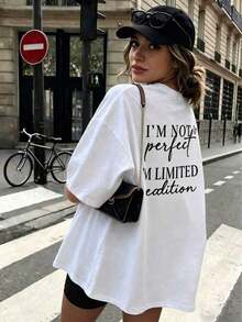 Camiseta holgada de moda para mujer, diseño con cita atrevida "Edición Limitada", top de manga corta transpirable y cómodo, camiseta de algodón suave con cuello redondo, ideal para salidas casuales y looks de moda minimalista. - Blanco - Ver 11