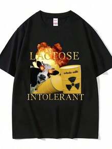 Camiseta para Hombre con Estampado Divertido "Intolerante a la Lactosa" - Manga Corta Casual, Cuello Redondo, Algodón, Lavable a Máquina, Comodidad para Todas las Temporadas, Confort Diario | Impresión Humorística | Parte superior lavable a máquina - Negro - Ver 6