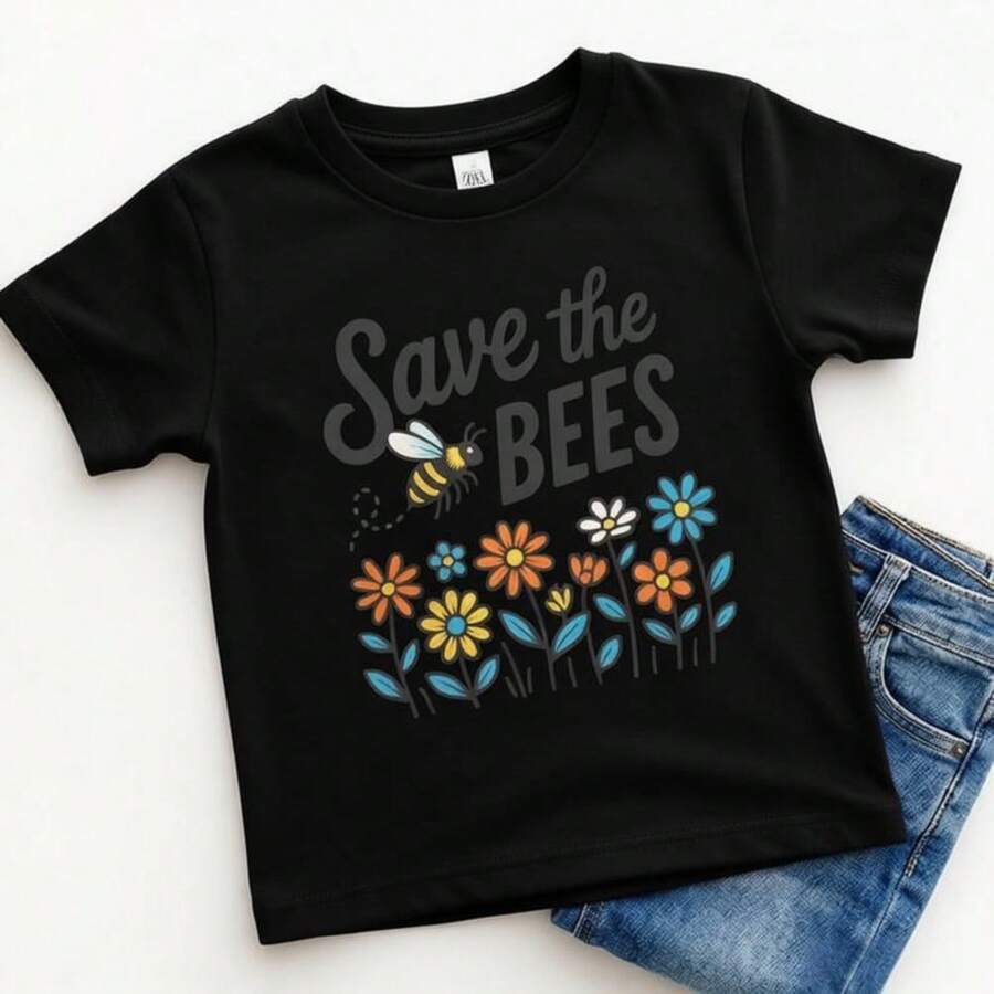 Save The Bees Shirt - Cute Bee And Flowers Tee. - Black - View 1