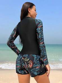 Swim SPRTY Rashguard de manga raglán con estampado tropical para playa de verano - Multicolor 2 - Ver 2