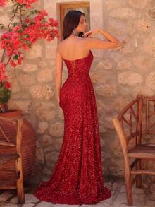 Vestido largo con cuello de corazón con lentejuelas, parche de malla y abertura en la Bottom, adecuado para bailes, fiestas, cenas formales y otras ocasiones como bodas y fiestas de primavera - Rojo - Ver 2