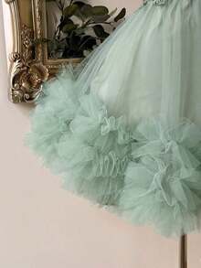 Elegante y lujoso vestido corto hecho a mano con aplicaciones bordadas, encaje de ganchillo y parches de satén, con abertura en la cintura, adecuado para citas, fiestas de solteros, galas, bailes, Día de San Valentín - Verde - Ver 6