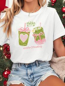Women's Matcha Latte Print Short Sleeve Crew Neck T-Shirt - Light White Spring/Summer Casual Outfit For Christmas Party - Fan Outfit - Festive Fantasy Design And Iconic Quote - 白色 - 查看 6