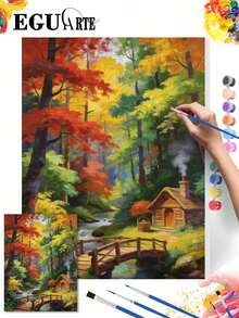 秋季森林小屋橋樑溪流風景 DIY 數位油畫 手作工藝家居裝飾 40x50cm/16x20in 節日禮物 - 40*50厘米 - 查看 4