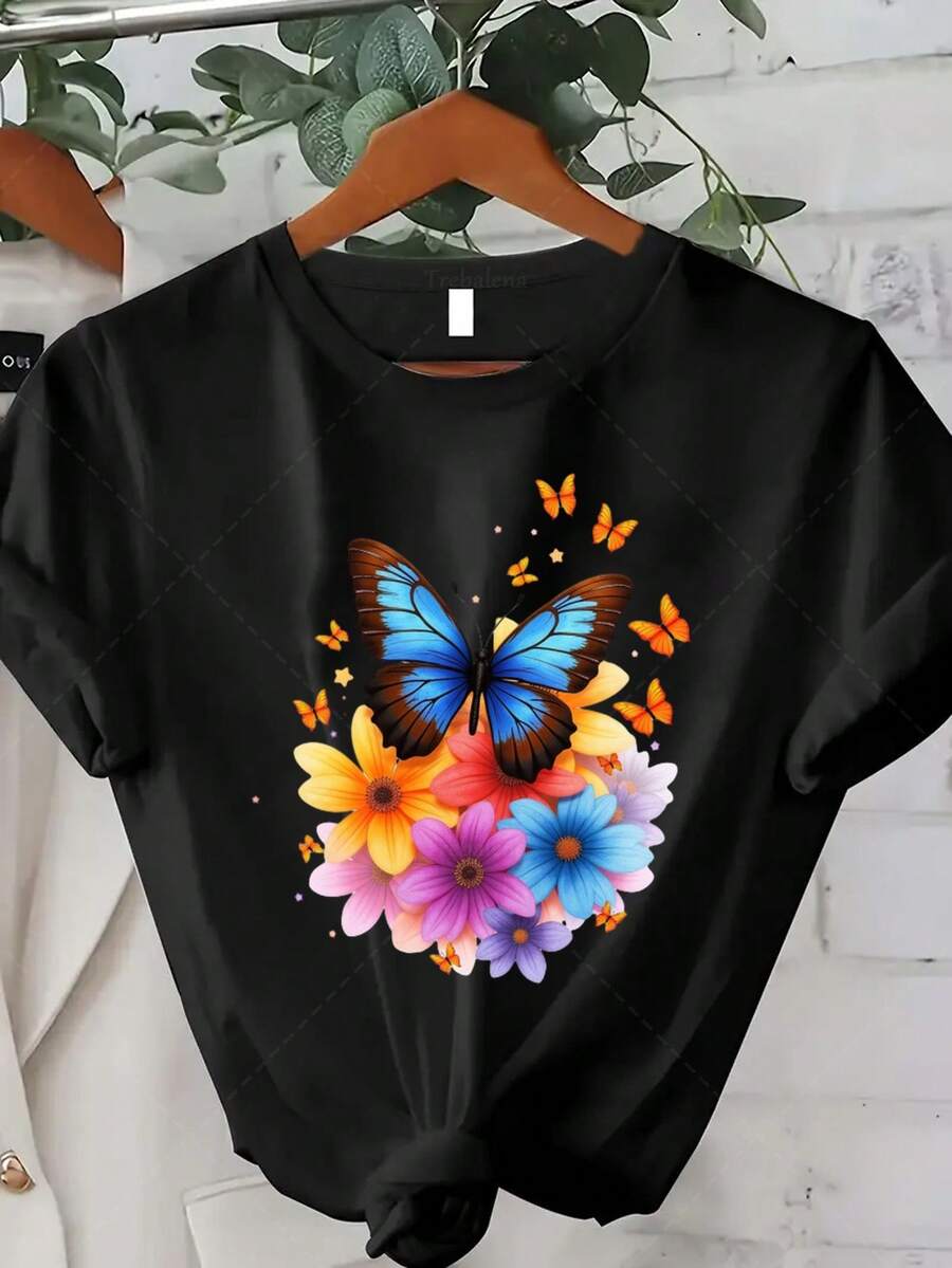 Plus Size - Colorful Butterfly Floral Print T-Shirt, Suitable For Plus-Size Women, Is The Perfect Choice For Casual Summer Fashion. This Short-Sleeved, Crew-Neck T-Shirt Is Perfect For Summer And Fall, Making It An Excellent Gift For Thanksgiving And Christmas. Gift Idea - màu đen - Xem 1