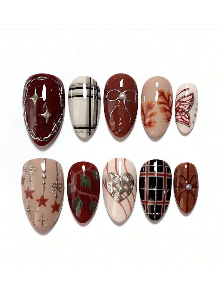 24pcs Red Plaid, Bow, Star Almond Shape Nail Art Stickers - Multicolor - View 1
