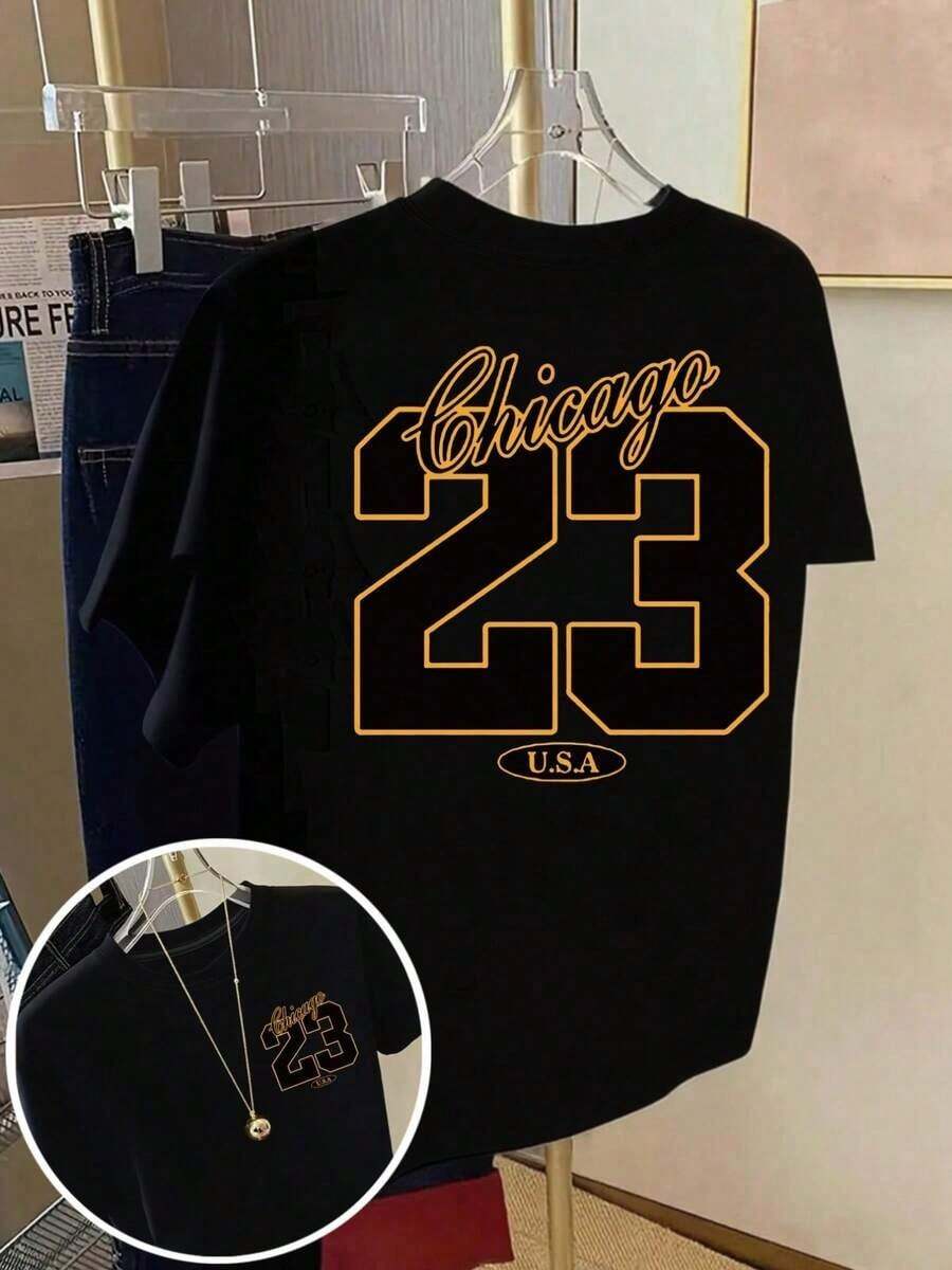 Camiseta de manga corta con estampado frontal y trasero - Chicago No.23, Estampado de Moda de Baloncesto Americano - Camiseta Estampada de Primavera/Verano para Mujer, Artículo de Moda Hecho de Algodón - TAYZI ZVUB - Negro - Ver 1