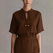 Nuevo 2026 Ropa Casual Mujer Mezcla Algodón Lino Color Marrón Cuello con Lazo Diseño Elástico - Albaricoque - Ver 5