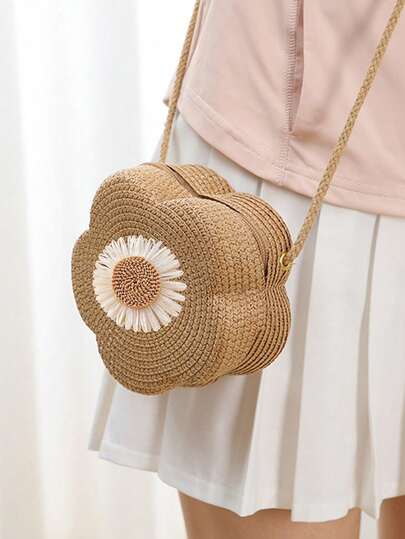 Flower Woven Bag, Hand Woven Mini Crossbody Bag, Grass Sunflower Pattern, Zipper Closure, Portable Key Bag, Straw Woven Handbag, Beach Handbag, Mini Straw Woven Crossbody Bag, Summer Beach Shoulder Bag, Women's Cute Handbag And Coin Purse - Playful Accessories, Durable Zipper Closure, Perfect For Beach, Travel, Vacation And Daily Commuting, Daily Handbag, Suitable For Girlfriends, Mother's Day, Birthday, Anniversary Gifts