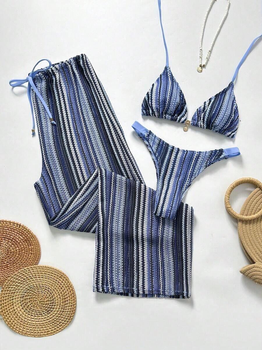 Swim Chiccia Conjunto de bikini a rayas sexy para mujer con pantalones, nueva llegada de trajes de baño para mujer 2026, adecuado para la escuela, vacaciones, citas, té de la tarde, estilo occidental, cruceros, playa, isla, viajes por carretera, todas las estaciones, festivales de música, vacaciones bohemias, vacaciones bohemias, otoño relajado, estilo occidental bohemio, blusas elegantes para mujer - Multicolor 8 - Ver 1