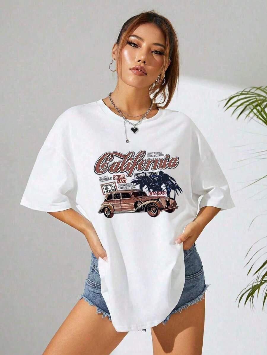 Off-The-Shoulder T-Shirt With Car Print And Slogan - White - View 1