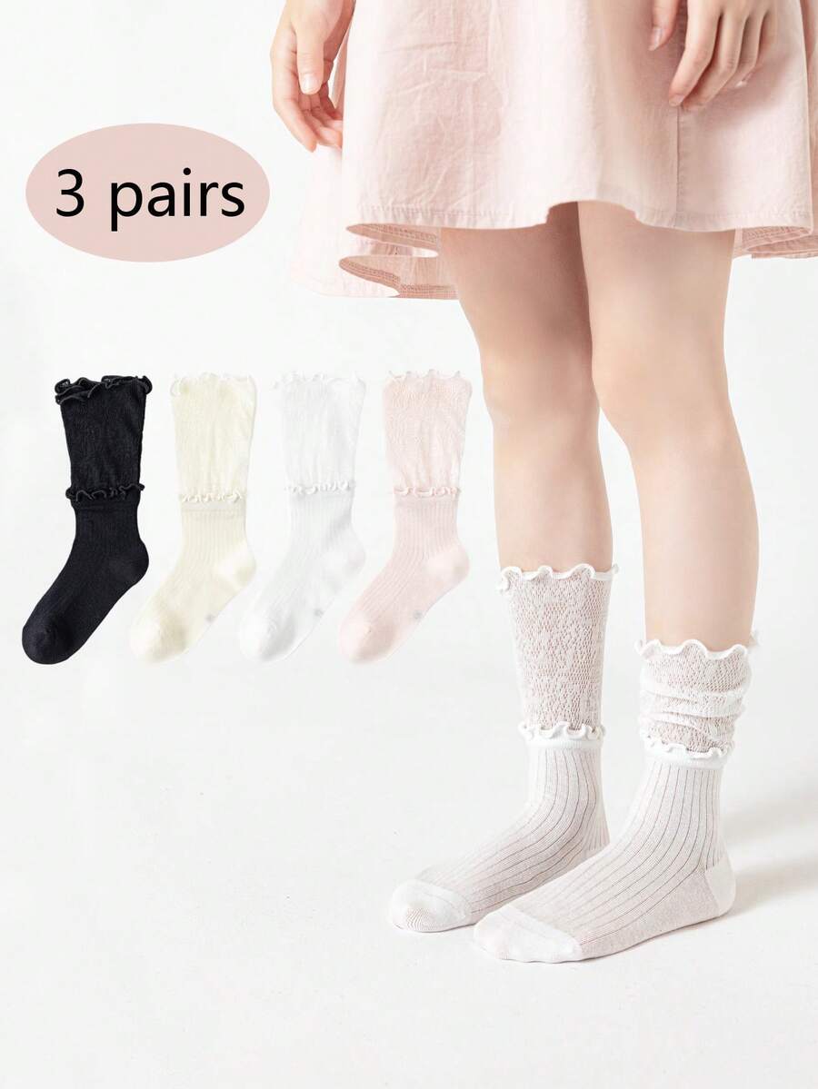 3 đôi tất nhún bèo cho bé gái, tất lưới thoáng khí dài đến bắp chân, kiểu công chúa ngọt ngào, tất cotton mỏng mùa hè. - Nhiều màu - Xem 1