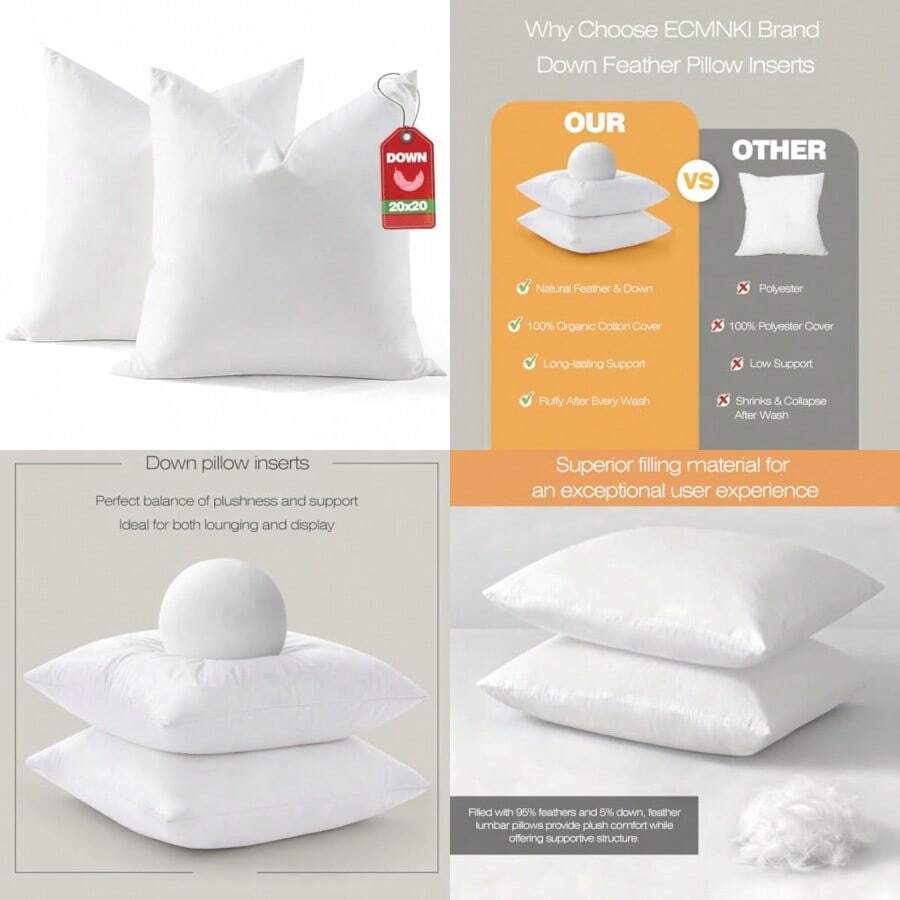 Juego de 2 rellenos de almohada de plumas de plumón de 20 x 20 pulgadas, 100% algodón orgánico para sofá, almohadas lumbares grandes en la cama, almohadas decorativas de karate - Blanco - Ver 1