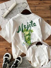 Women's Mojito Cocktail Print T-Shirt - Casual Short Sleeve Crew Neck Top, Lime & Mint Design, Breathable White T-Shirt For Summer & Spring, Machine Washable, Matte Fabric, Summer Tee. - White - View 8