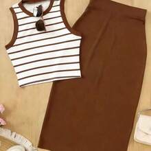 Striped Sleeveless Casual Tank Top And Mini Skirt 2 Pieces Set, Summer - Multicolor - Ver 2