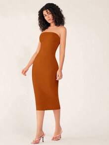 Vestido casual de cena ajustado sin tirantes y de silueta ceñida para mujer - Marrón - Ver 4